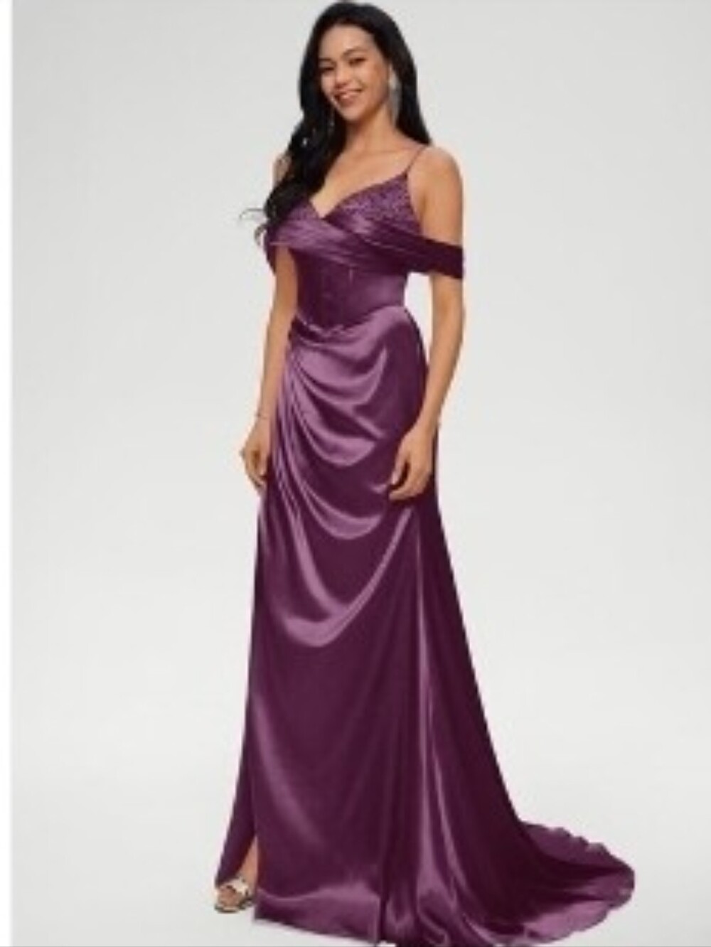 Trumpet Mermaid V-Neck Off-Shoulder Sweep Train Rhinestone Satin Evening Gown
